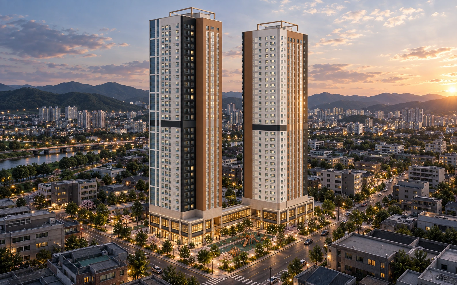 두 주동과 저층부의 관계를 제안한 투시도 CG 컨셉